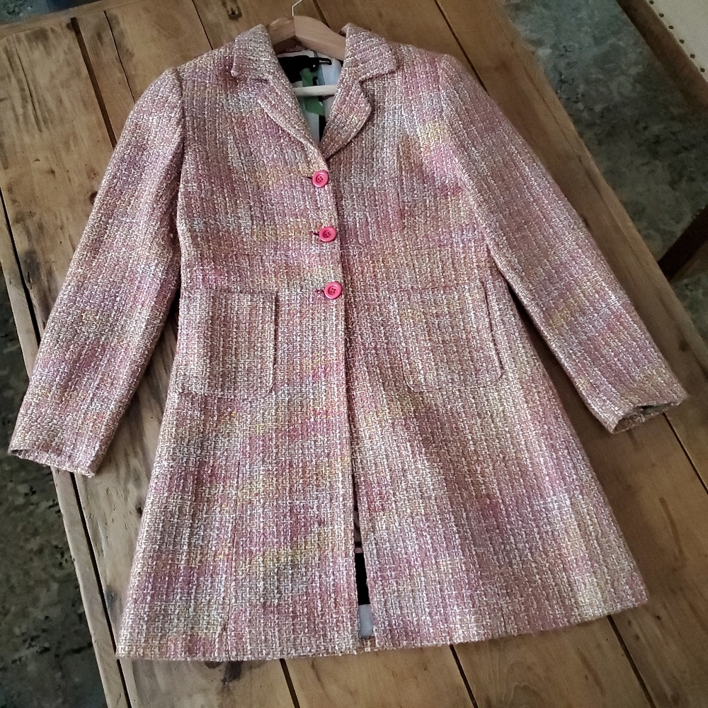 Dalia Women's Tweed Notched Collar Long Pink Coat Size 8